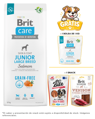 BRIT CARE GRAIN FREE JUNIOR LARGE BREED SALMÓN 12kg + 1kg & snack gratis