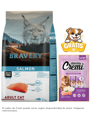 BRAVERY SALMON ADULT CAT 2kg + 1 Cremi Naturalistic gratis