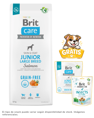 BRIT CARE GRAIN FREE JUNIOR LARGE BREED SALMÓN 12kg + 1kg & snack gratis