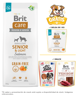 BRIT CARE GRAIN FREE SENIOR & LIGHT SALMÓN 12KG + 1 kg & snack gratis