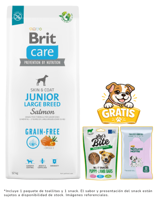 BRIT CARE GRAIN FREE JUNIOR LARGE BREED SALMÓN 12kg + 1kg & snack gratis