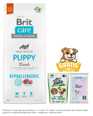 BRIT CARE DOG HYPOALLERGENIC PUPPY LAMB 12kg + 1 snack y toallitas gratis