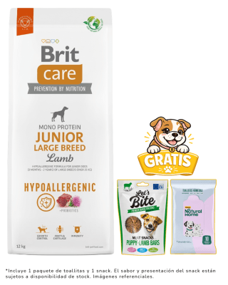 BRIT CARE HYPOALLERGENIC JUNIOR LARGE BREED LAMB 12kg + 1 snack & toallitas
