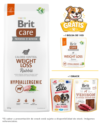 BRIT CARE DOG HYPOALLERGENIC WEIGHT LOSS RABBIT & RICE 12kg + 1kg & snack gratis