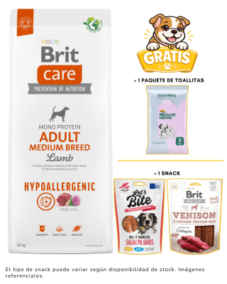 BRIT CARE ADULT MEDIUM BREED LAMB HYPOALLERGENIC 12KG + 1 Snack & toallitas gratis