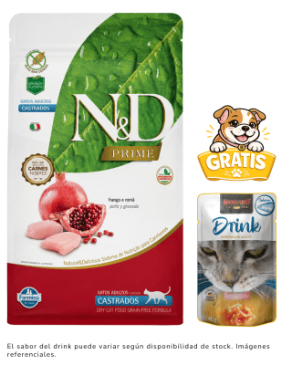 N&D Prime Gato Adulto Castrado (Pollo y Granada) 7.5kg + 1 drink gratis