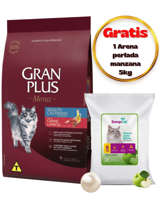 Gran Plus Gato adulto castrado carne & arroz 3kg - Promo arena sonqocat