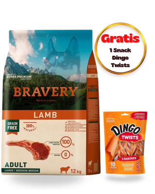 BRAVERY LAMB ADULT LARGE/MEDIUM BREED 12kg - Dúo snack