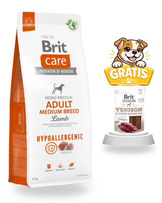 BRIT CARE ADULT MEDIUM BREED LAMB HYPOALLERGENIC 12KG - PROMO SNACK VENISON