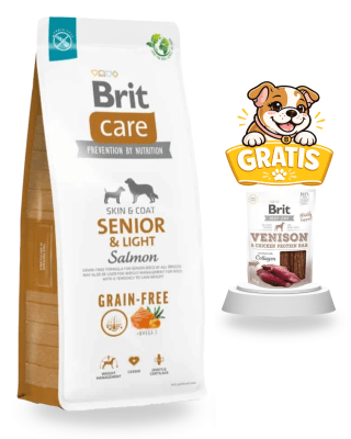 BRIT CARE GRAIN FREE SENIOR & LIGHT SALMÓN 12KG - PROMO SNACK VENISON