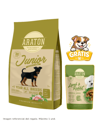 Araton Dog Junior All Breeds Pollo, Pato y Pavo 3kg + Pouch lamb & rabbit