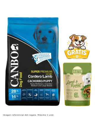 Canbo Cachorro Super Premium Cordero Razas Medianas y Grande 3kg + Pouch araton