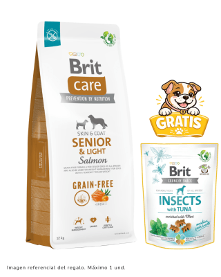 BRIT CARE GRAIN FREE SENIOR & LIGHT SALMÓN 12KG + Snack de atún