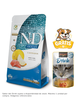 N&D OCEAN FELINE SALMÓN ADULTO CASTRADO 7.5kg + 1 Leonardo Drink