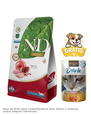 N&D Prime Gato Adulto Castrado (Pollo y Granada) 7.5kg + 1 Leonardo Drink