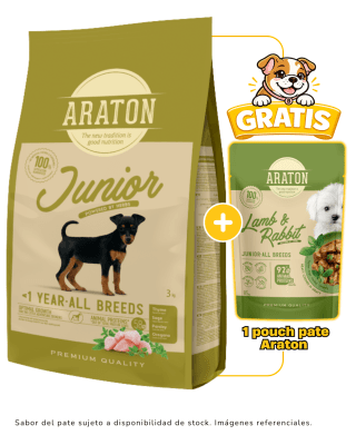 Araton Dog Junior All Breeds Pollo, Pato y Pavo 3kg + 1 pouch Araton gratis