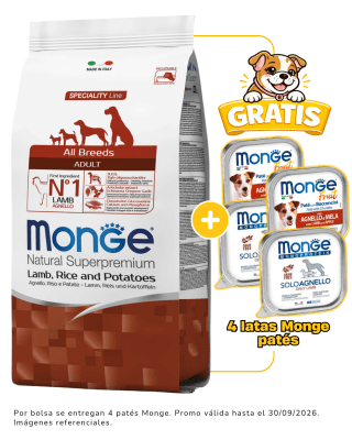 Monge Canine adult cordero, arroz y papa 12kg + 4 latas Monge alimento húmedo gratis