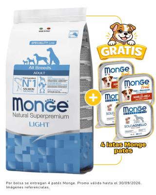 Monge Canine adult salmón Light 12kg + 4 latas Monge alimento húmedo gratis