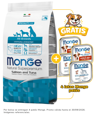 Monge Canine hypoallergenic salmón y atún 12kg + 4 latas Monge alimento húmedo gratis