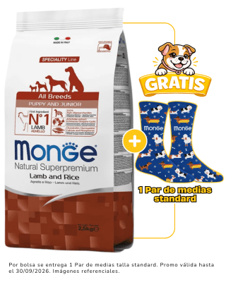 Monge Canine Puppy Cordero y Arroz 2.5kg + 1 par de medias talla standard gratis