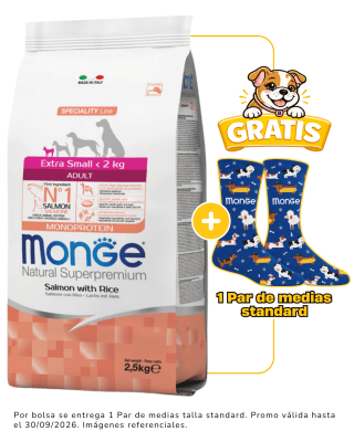 Monge Canine Adult Extra Small Salmon y Arroz - 2.5kg + 1 par de medias talla standard gratis