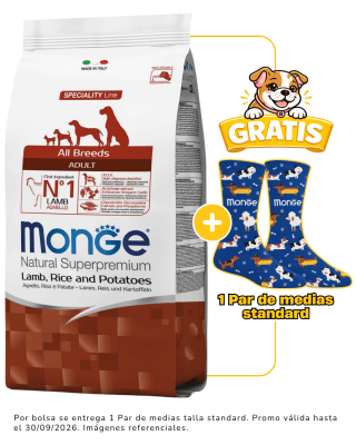 Monge Canine Adulto Cordero, Arroz y Papa - 2.5kg + 1 par de medias talla standard gratis