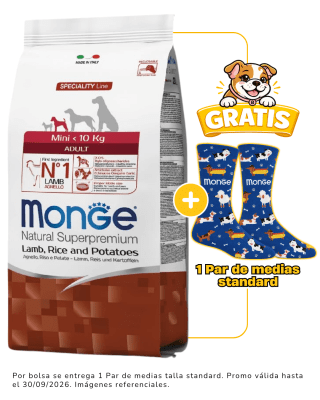 Monge Canine adult mini cordero, arroz y papa 2.5kg + 1 par de medias talla standard gratis