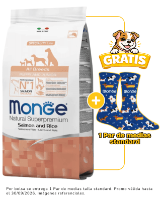 Monge Puppy Salmón y Arroz 2.5kg + 1 par de medias talla standard gratis