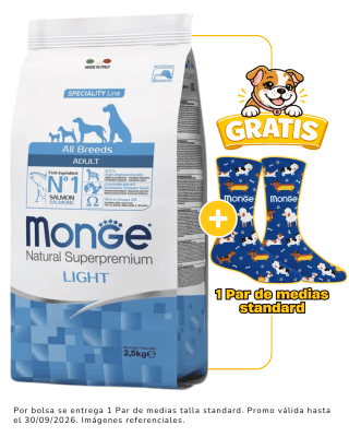 Monge Canine adult salmon Light 2.5 Kg + 1 par de medias talla standard gratis