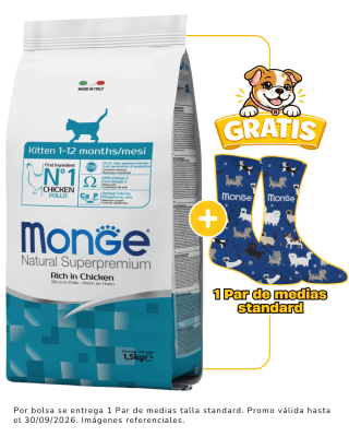 Monge Feline Kitten - 1.5kg + 1 par de medias talla standard gratis