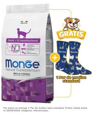Monge Feline Adult - 1.5kg + 1 par de medias talla standard gratis