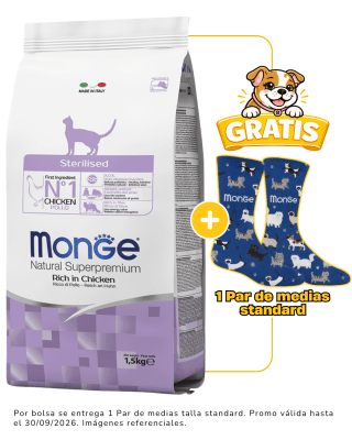 Monge Feline Adult Sterilised 1.5kg + 1 par de medias talla standard gratis