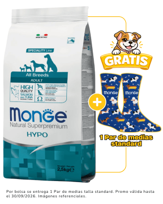Monge Canine Hypoallergenic Salmón y Atún 2.5kg + 1 par de medias talla standard gratis