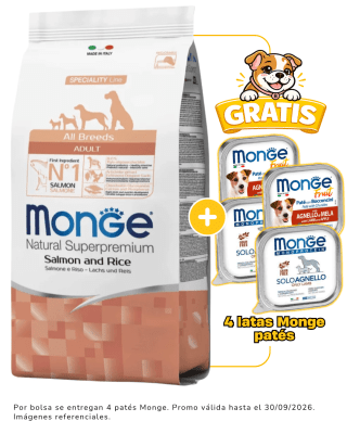 Monge Adult Salmón y arroz – Adultos todas las razas 12kg + 4 latas Monge alimento húmedo gratis