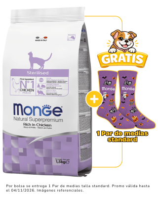 Monge Feline Adult Sterilised 1.5kg + 1 par de medias Halloween talla standard gratis
