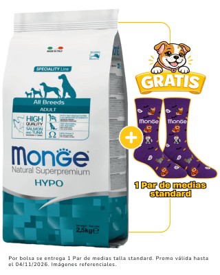 Monge Canine Hypoallergenic Salmón y Atún 2.5kg + 1 par de medias Halloween talla standard gratis