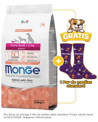 Monge Canine Adult Extra Small Salmon y Arroz - 2.5kg + 1 par de medias Halloween talla standard gratis