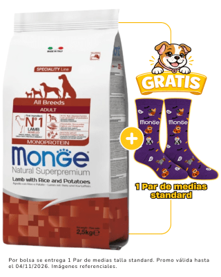 Monge Canine Adulto Cordero, Arroz y Papa 2.5kg + 1 par de medias Halloween talla standard gratis