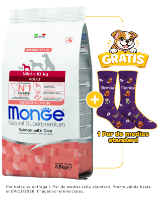 Monge Canine adult mini salmon y arroz 2.5 Kg + 1 par de medias Halloween talla standard gratis