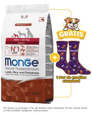 Monge Canine adult mini cordero, arroz y papa 2.5kg + 1 par de medias Halloween talla standard gratis