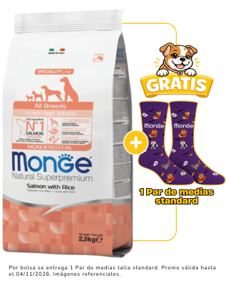 Monge Puppy Salmón y Arroz 2.5kg + 1 par de medias Halloween talla standard gratis