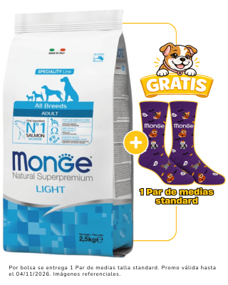 Monge Canine adult salmon Light 2.5 Kg + 1 par de medias Halloween talla standard gratis