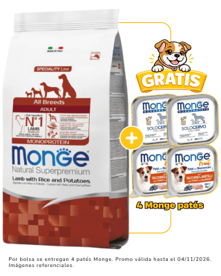 Monge Canine adult cordero, arroz y papa 12kg + 4 latas Monge alimento húmedo gratis