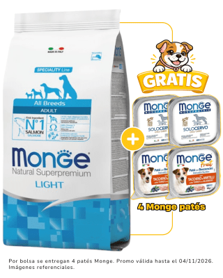 Monge Canine adult salmón Light 12kg + 4 latas Monge alimento húmedo gratis