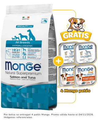 Monge Canine hypoallergenic salmón y atún 12kg + 4 latas Monge alimento húmedo gratis