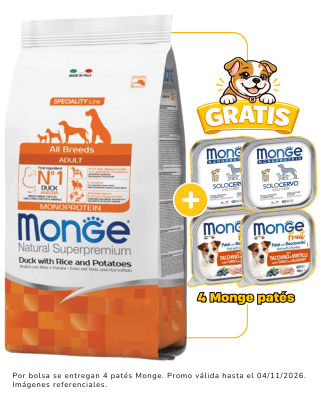Monge Canine Adult Pato, Arroz y Papa 12kg + 4 latas Monge alimento húmedo gratis