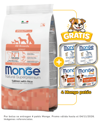Monge Adult Salmón y arroz – Adultos todas las razas 12kg + 4 latas Monge alimento húmedo gratis