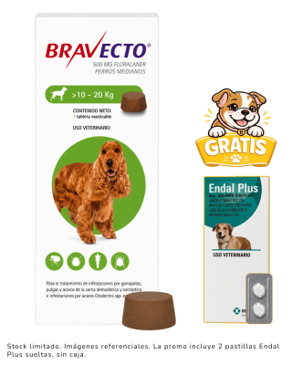 Bravecto 10 a 20kg + 2 Pastillas Endal Plus sueltas