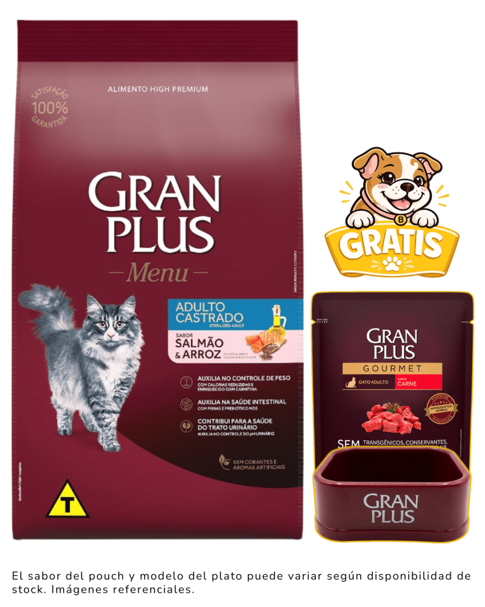 Gran Plus Gato adulto castrado salmón & arroz 3kg + 1 plato y paté gratis1