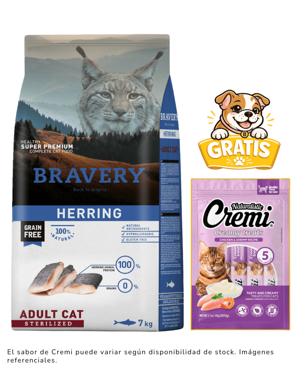 BRAVERY HERRING ADULT CAT STERILIZED 7kg + 1 cremi naturalistic gratis1